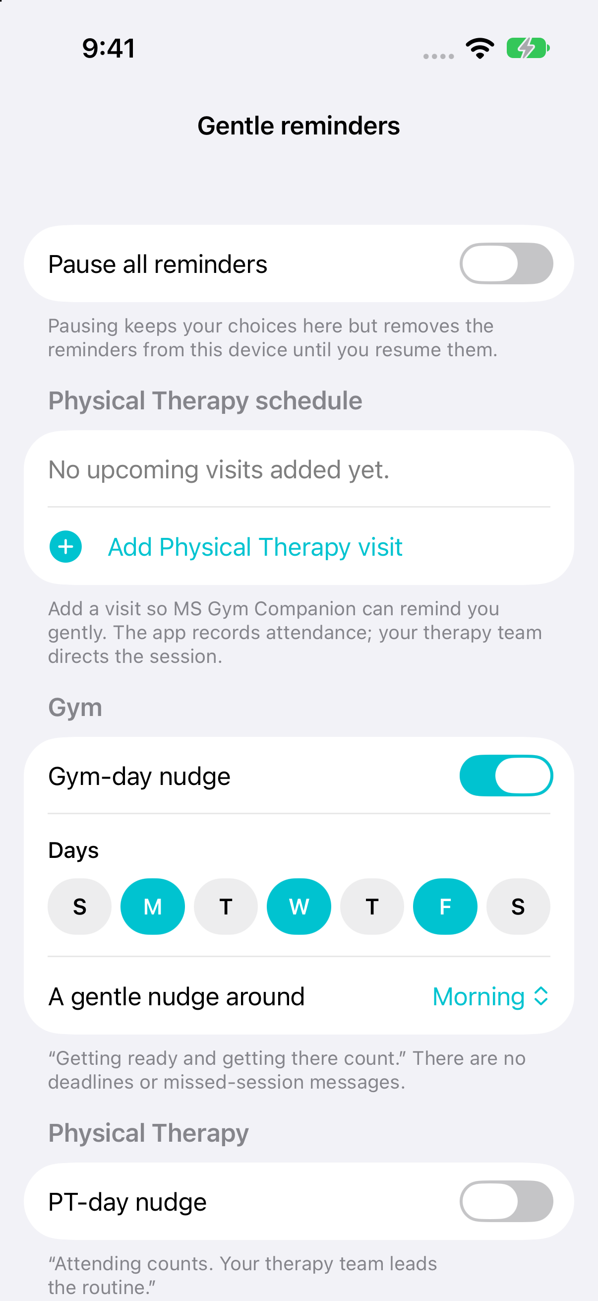 MS Gym Companion gentle reminders for gym days and Physical Therapy visits