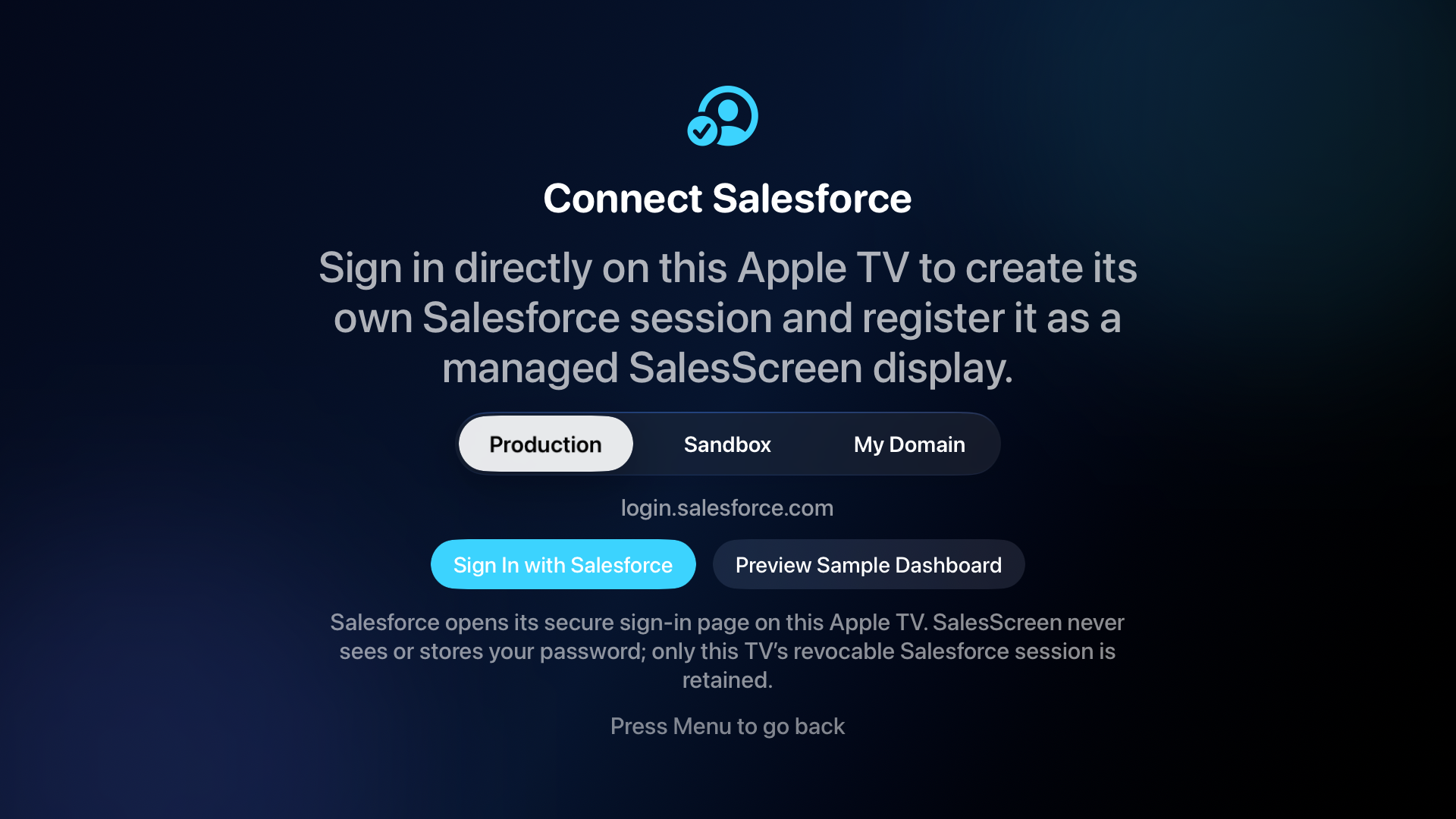 SalesScreen Apple TV sign-in screen offering Production, Sandbox, and My Domain Salesforce access